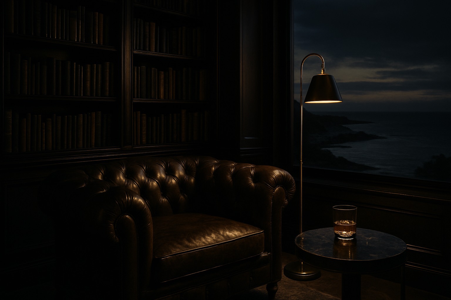 Private Bibliothek mit Blick auf die zypriotische Küste im Abendlicht