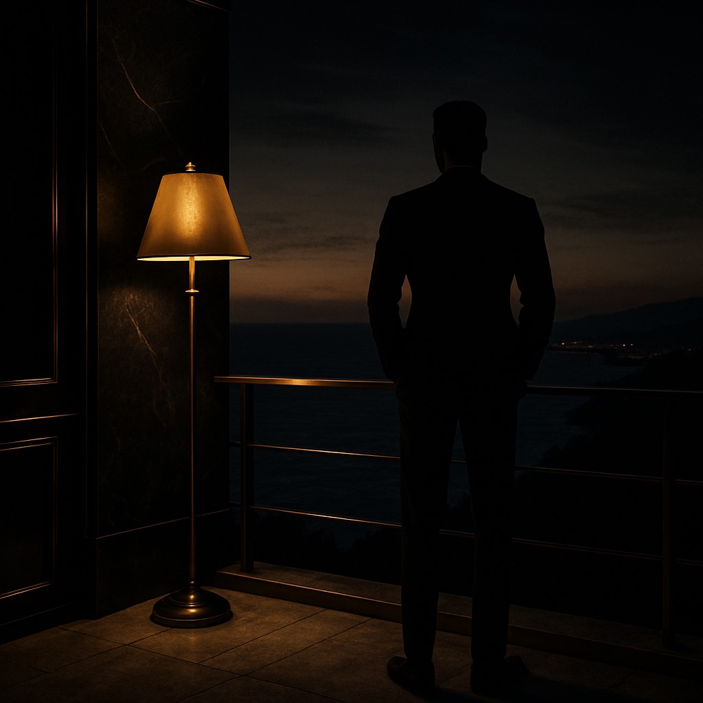 Silhouette eines Investors auf einer Terrasse an der zypriotischen Küste